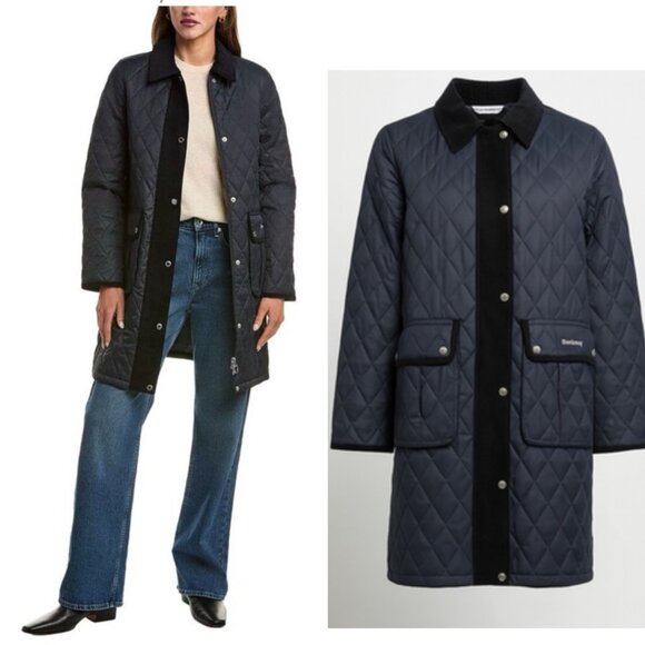 Barbour Tulip Corduroy Trim Quilted Coat Jacket Navy Blue Size US 6 MSRP$465 - Picture 1 of 8